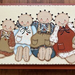 Vintage Folk Art Wooden Plaque Hand Painted Children Signed Country Decor